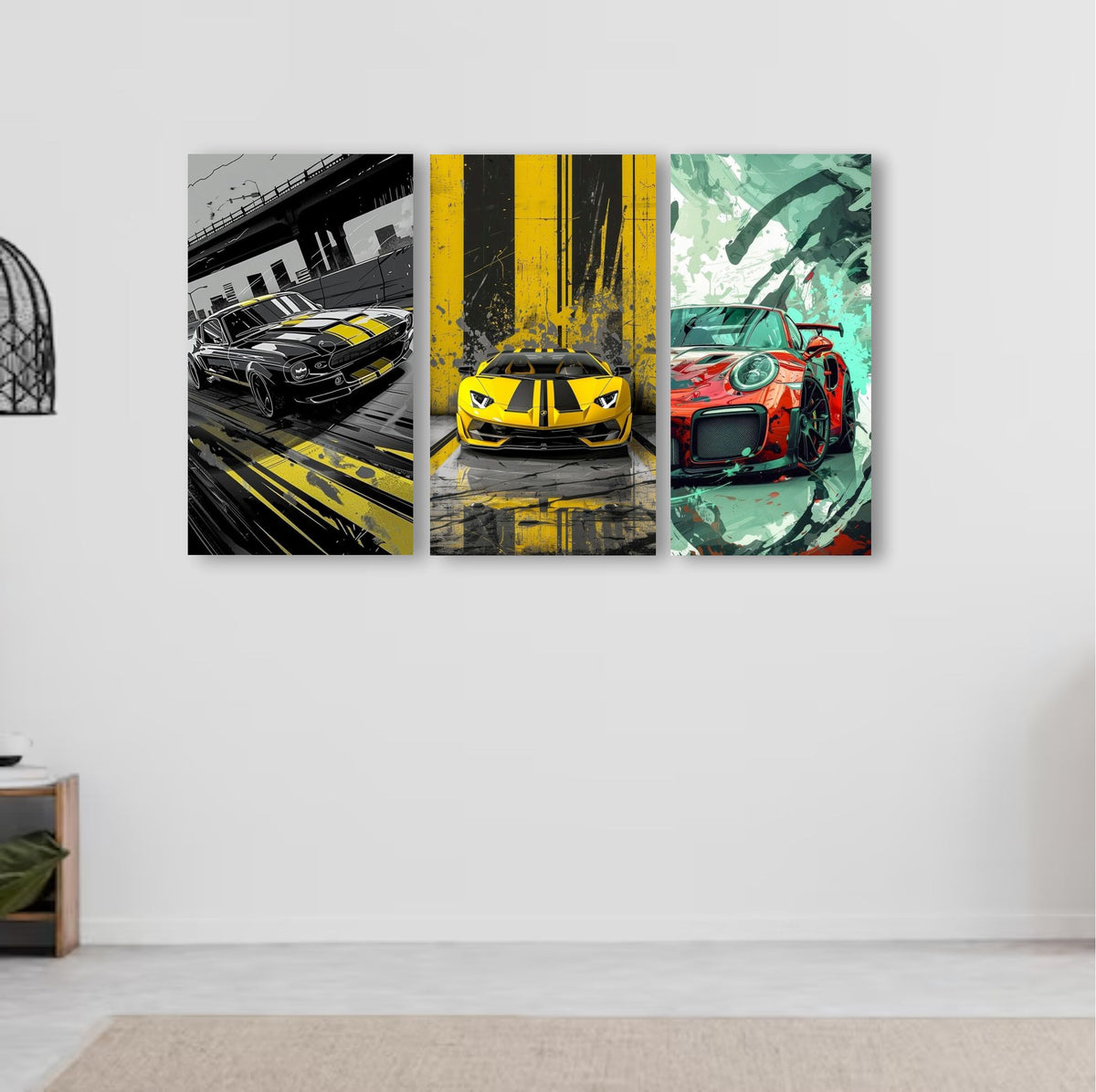 Set Of 3 Cars Art Wooden Frames For Wall Decoration / Sticky Photo Tiles
