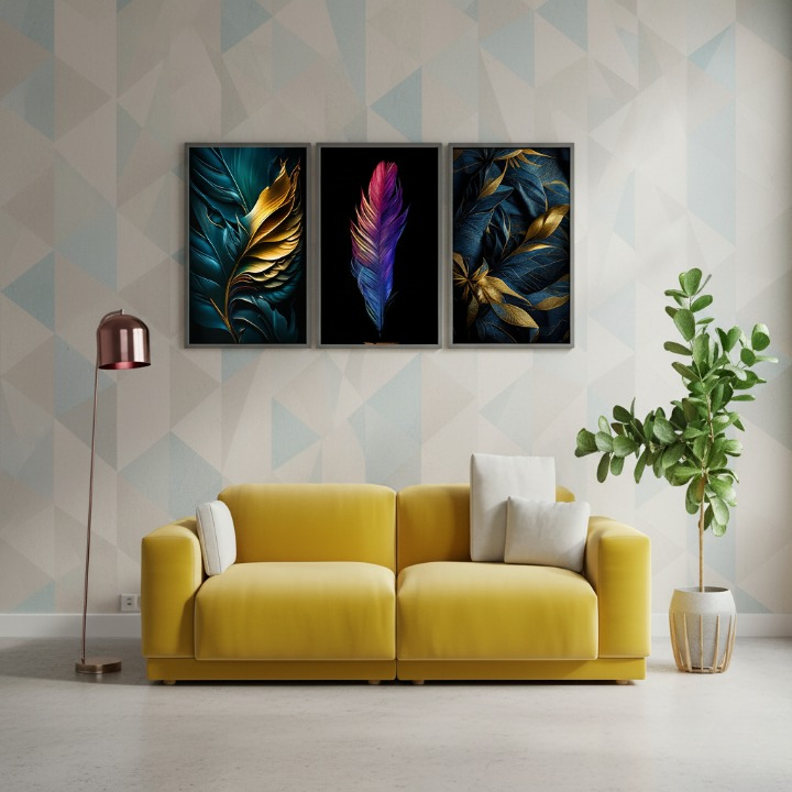 3-Piece Feather Design Wall Art Frames – Modern Decorative Wall Hanging Set,