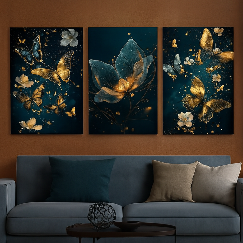 3 Pcs Butterfly Wall Art Frame Set – Elegant Golden Butterfly And Floral Design With Wooden Sticky Tile