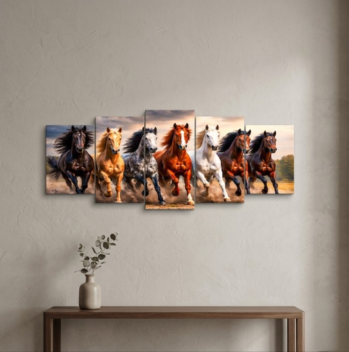 Seven Galloping Horses Panoramic Wooden Wall Art Frame Set | 5-Piece Majestic Equine Wildlife Sticky Tiles | Modern Success & Speed Decor