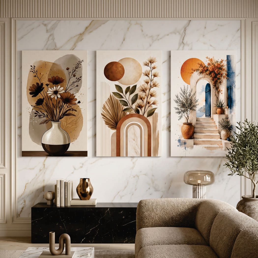 Set of 3 Boho Minimalist Wall Art Photo Tiles (8x11 Inch) – Aesthetic Floral & Mediterranean Decor Frames