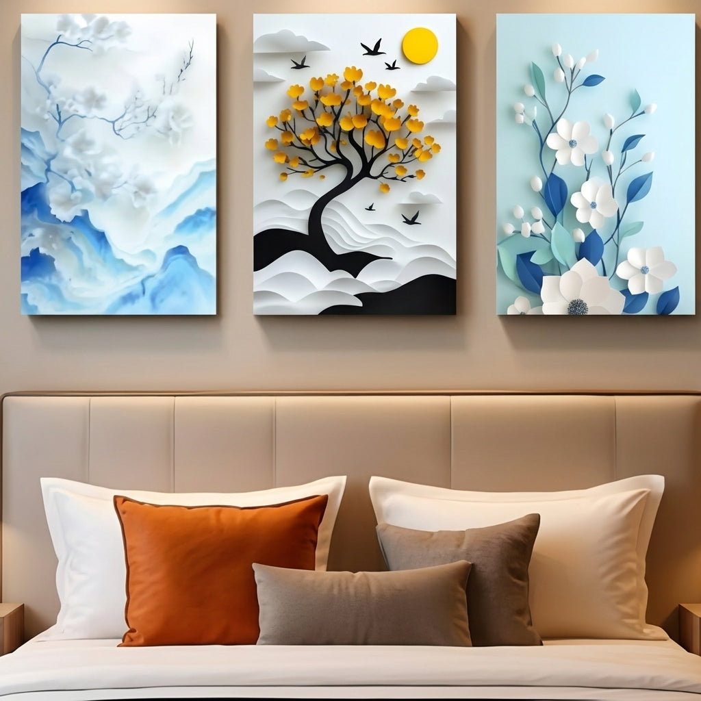 3-Piece Abstract Nature & Tree MDF Wall Art Frames Set