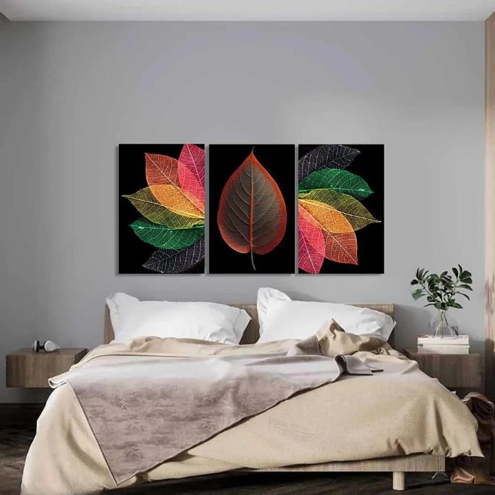 Translucent Leaf Triptych – Set of 3 Wooden Frame Wall Art Panels with Double Tape for Easy Mounting