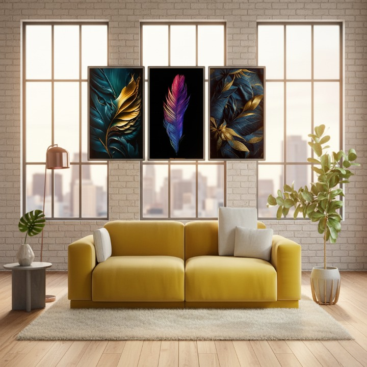 3-Piece Feather Design Wall Art Frames – Modern Decorative Wall Hanging Set,