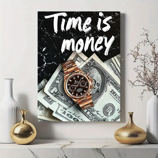 Luxury Wall Frame “Time is Money” | Wooden Sticky Tile Frame with Double Tape