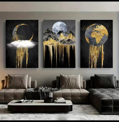 Set of 3 Wooden StickyTile Frames 8x11 – Black & Gold Wall Art with Moon, Mountains & Globe + Double Tape Included