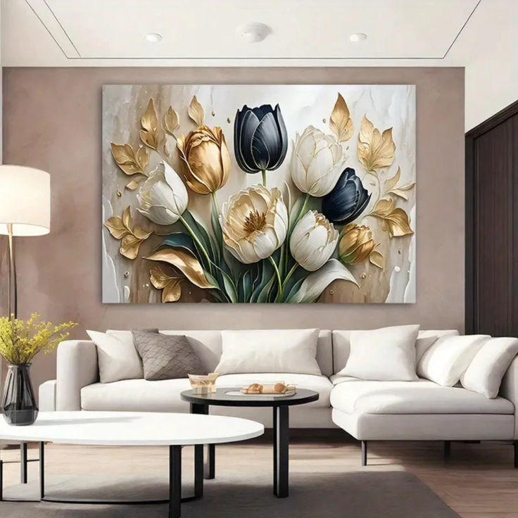 Modern 3D Effect Luxury Floral Wall Art Frame Featuring Golden and Black Tulips Abstract Oil Painting Style Decor
