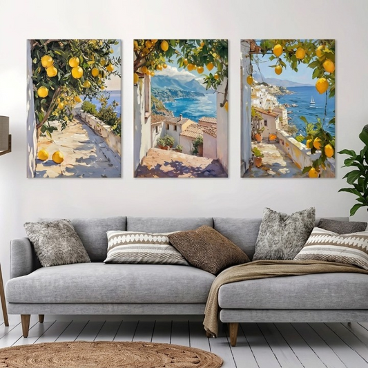 Set of 3 Vintage Mediterranean Coastal Lemon Tree Scenery Painting Wall Art Frames for Modern Home Decor Size