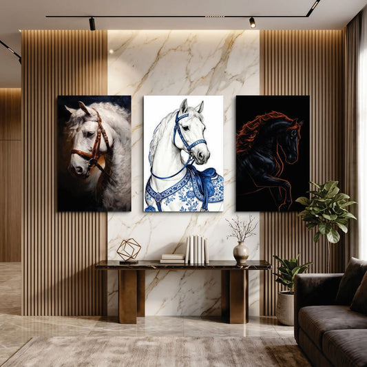 Set of 3 Majestic Horse Wall Art Photo Tiles (8x11 Inch) – Elegant Equestrian Portrait Decor Frames