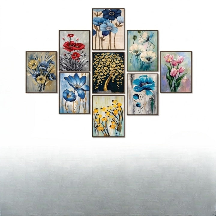 Beautiful Floral MDF Wall Frames - Set of 9