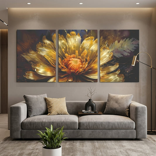 3-Piece Golden Floral Wall Art Frames Set - High Quality MDF